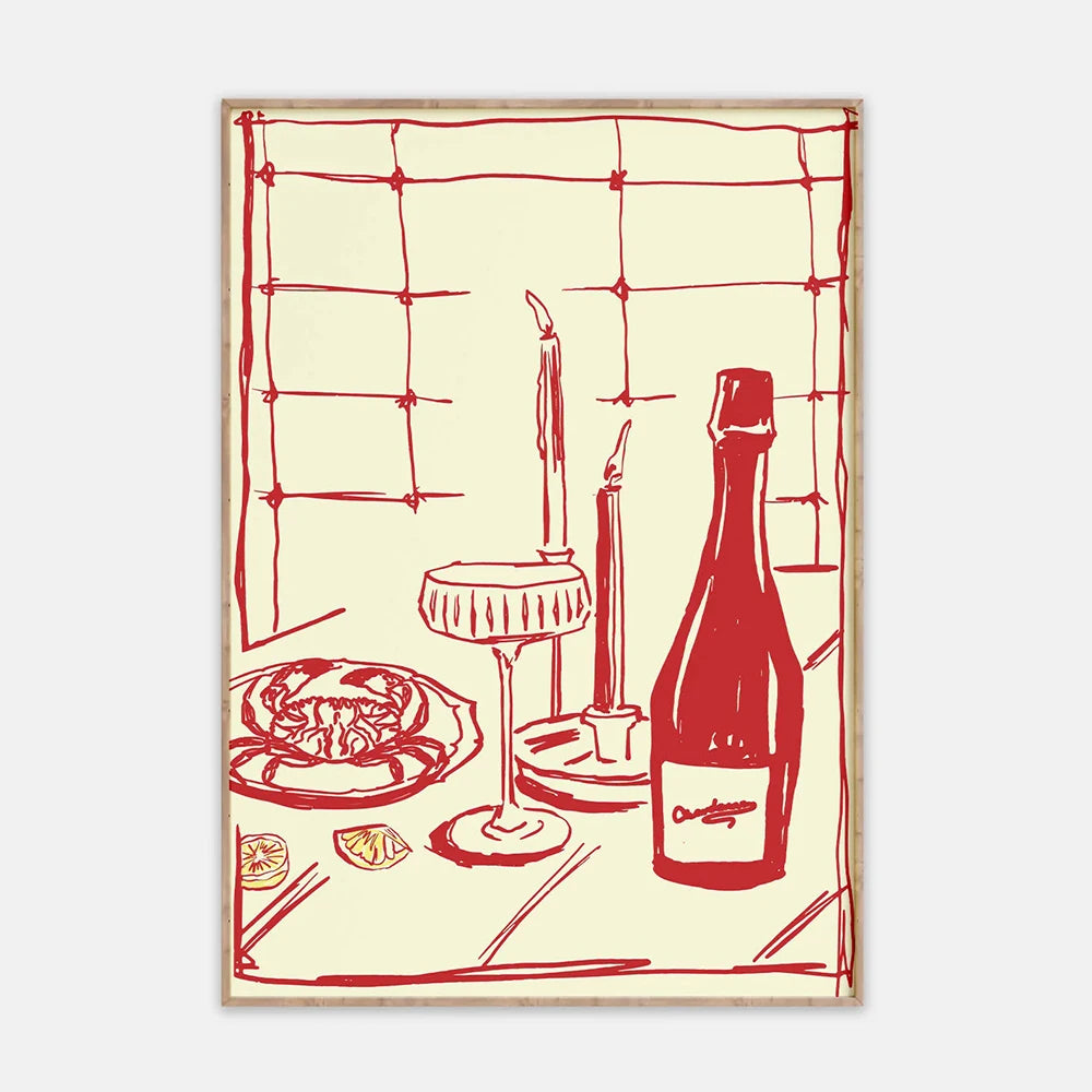 Illustration of a dinner table with a bottle, wine glass, and food on a beige background.