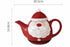 Red teapot with Santa Claus design and measurements on a white background