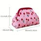 Pink cosmetic bag with floral pattern and measurements on a white background