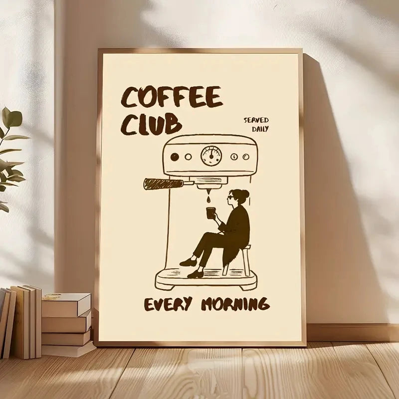 Framed artwork with a coffee-themed illustration on a beige wall.