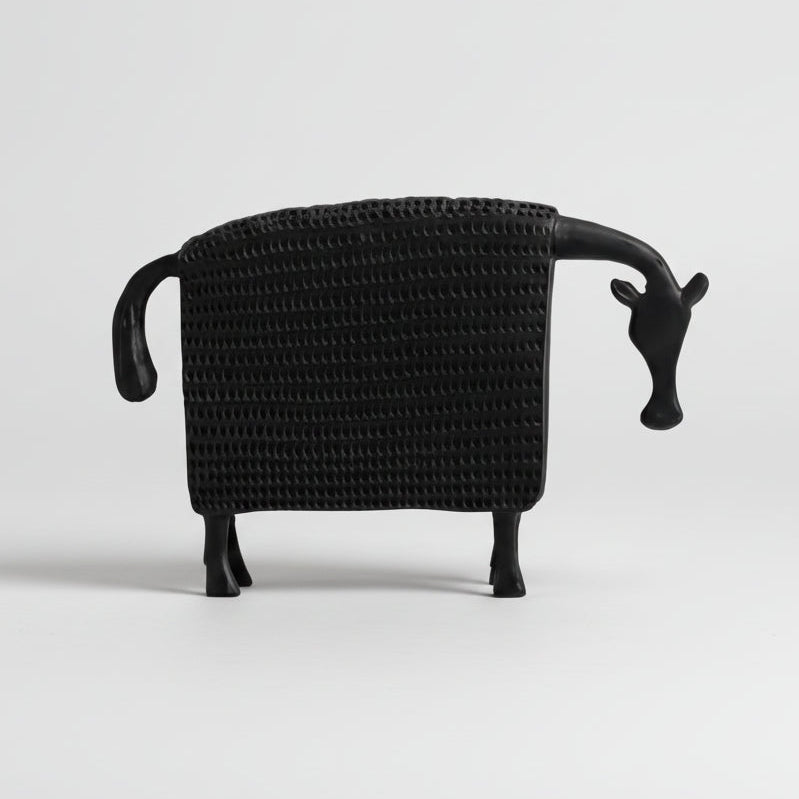 A black resin sculpture of a horse with a textured armor in a modern abstract style.