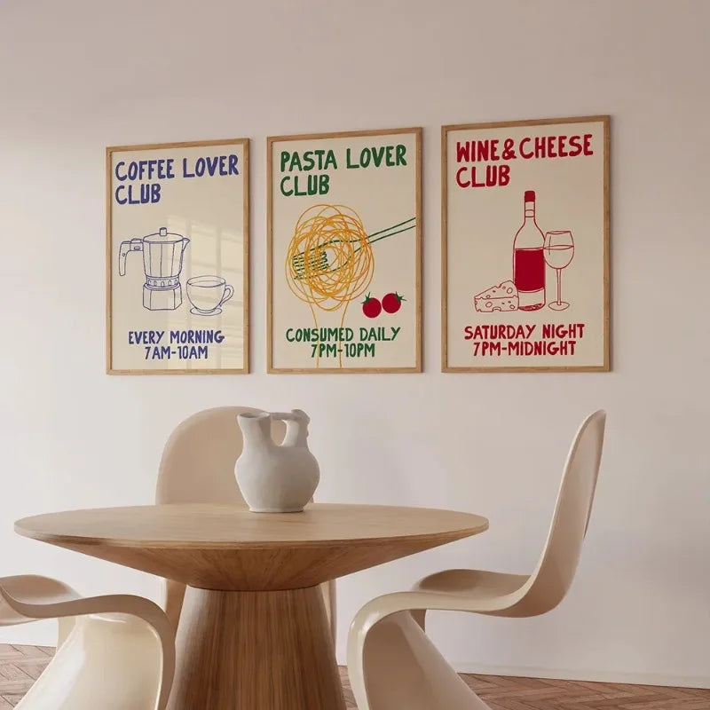 Hand Drawn Kitchen Moka Pot Coffee Pasta Lover Wine and Cheese Food Print Wall Art Canvas Painting Poster Living Room Home Decor