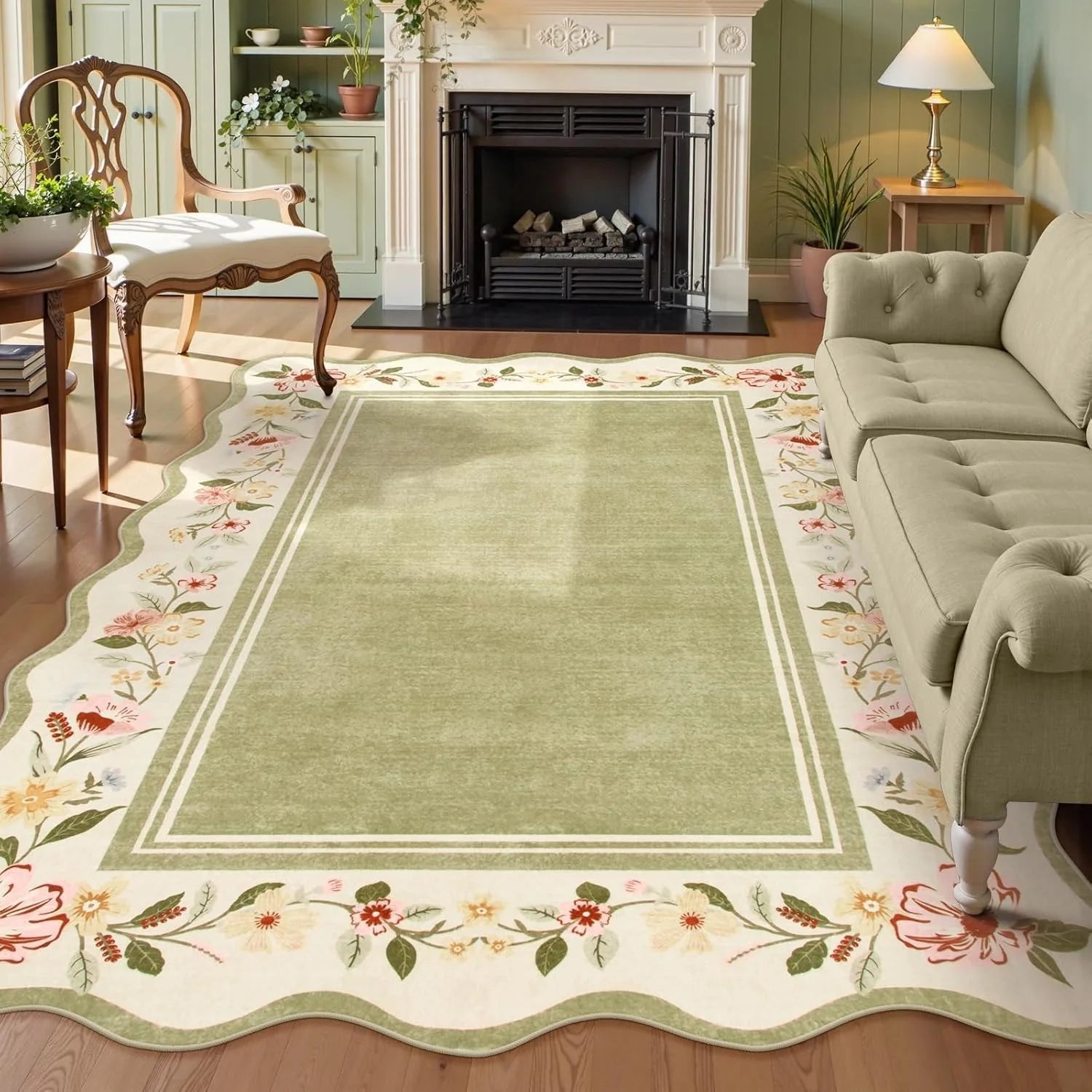 Living room with a decorative rug featuring floral patterns and a fireplace.