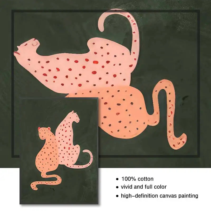 Canvas painting of a pink cheetah on a green background with text about material and color.