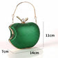 Red apple-shaped handbag with gold accents and LUNHA branding, shown with measurements on a white background.