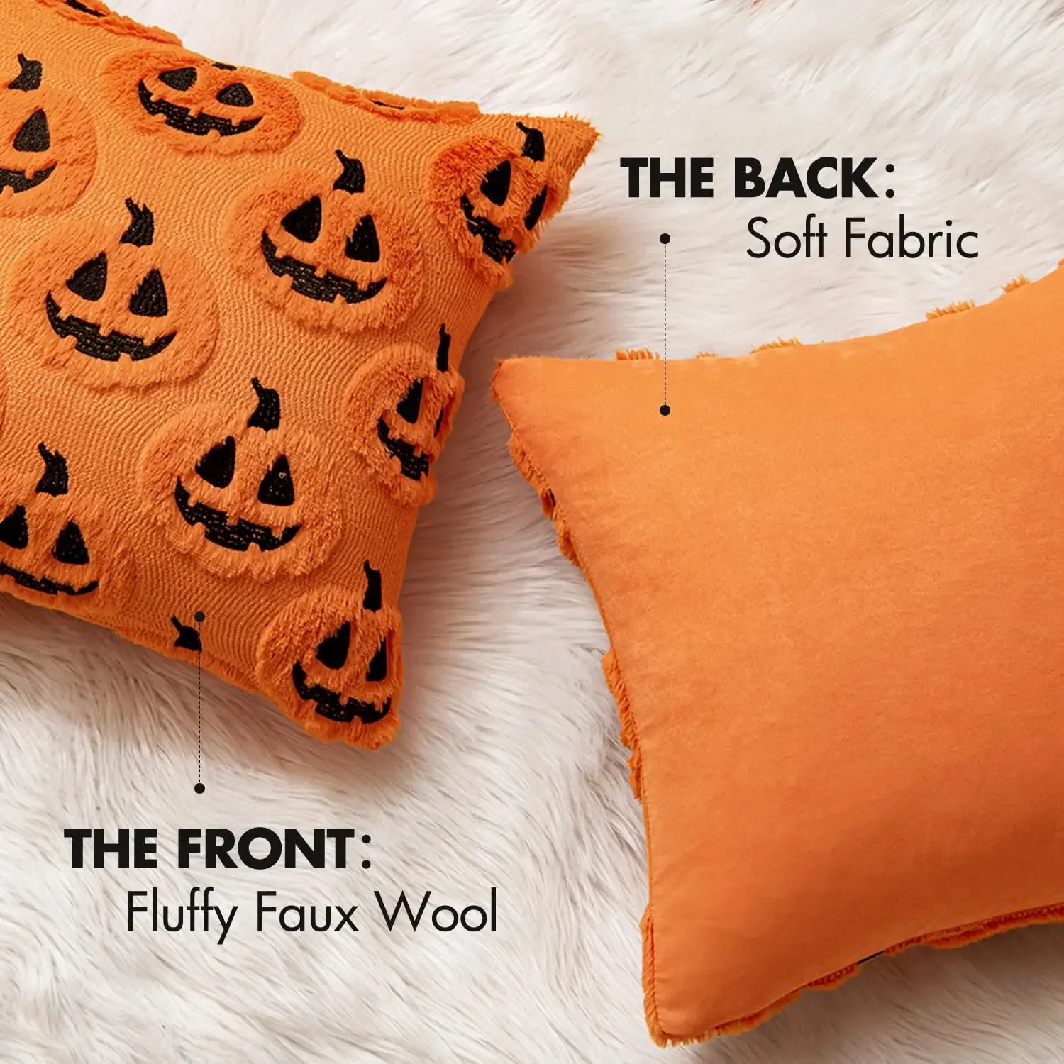 Orange pillow with Halloween jack-o'-lantern design on soft fabric, showing fluffy faux wool texture.