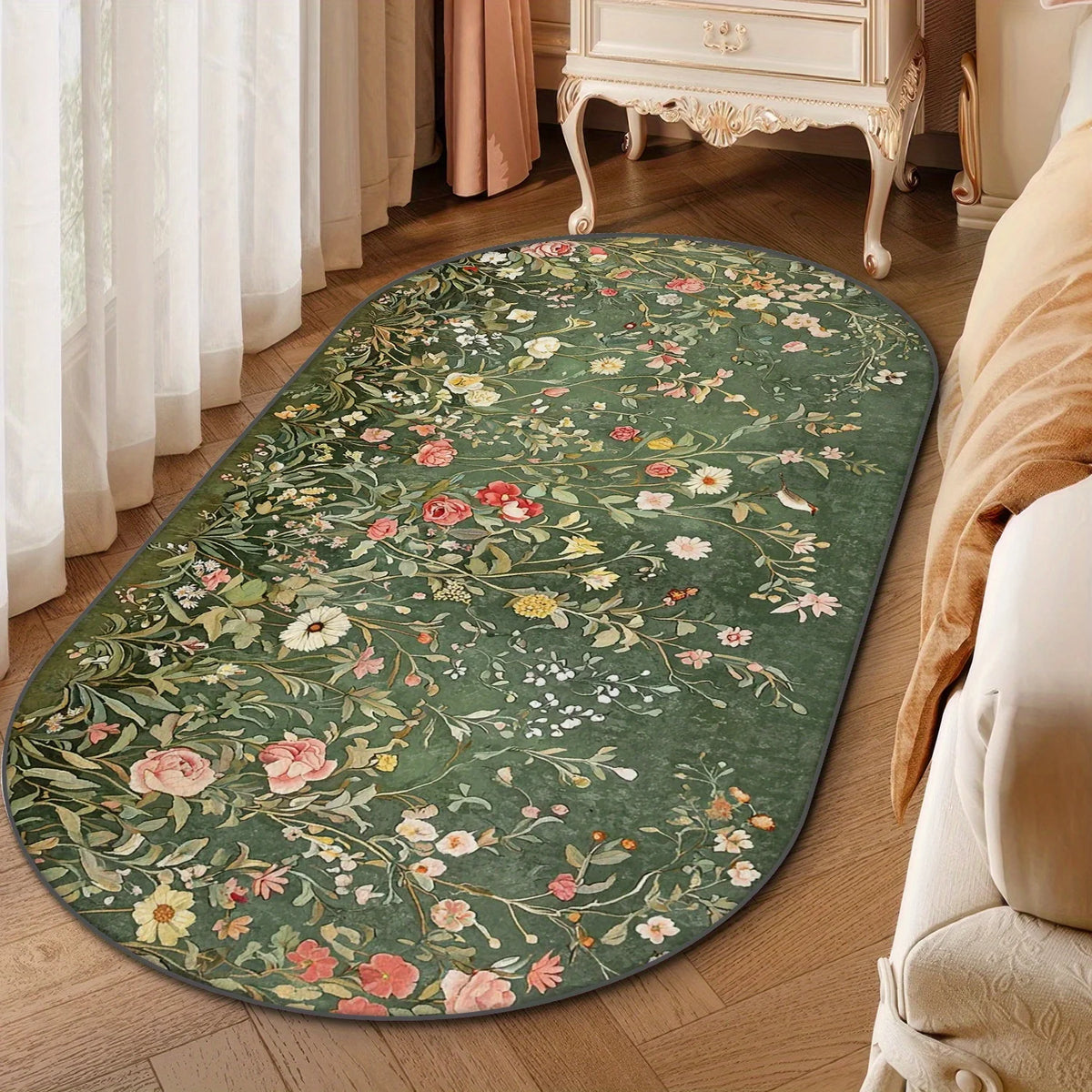 Floral patterned rug on a wooden floor with a decorative cabinet in the background.