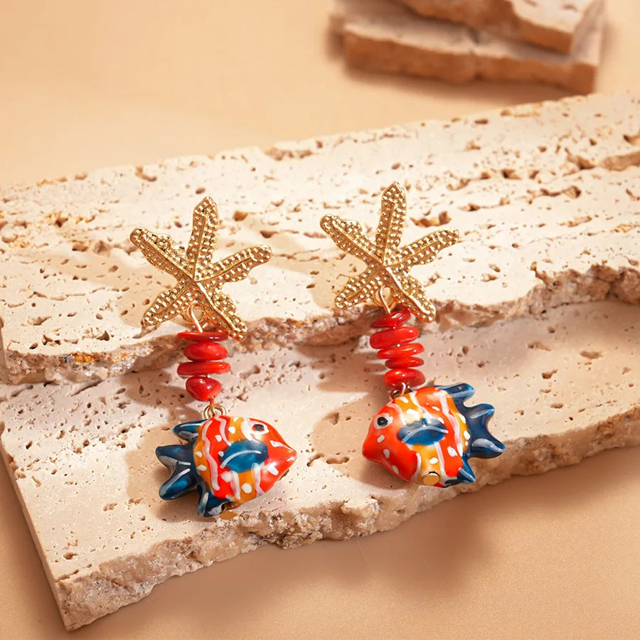 Colorful Fish Starfish Drop Earrings for Women Bohemian Ceramic Stone Earrings Cartoon Marine Life Series Party Ear Jewelry F