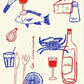 Illustrations of kitchen items and a crab on a white background