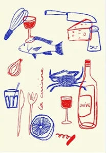 Illustrations of kitchen items and a crab on a white background