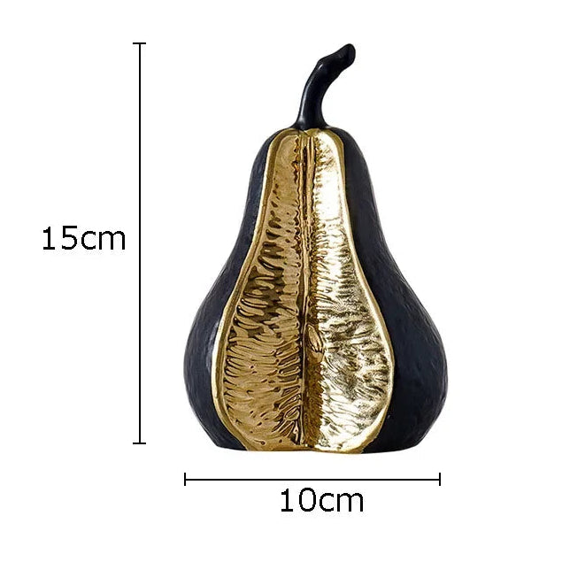Decorative pear-shaped object with gold and black finish, shown with measurements on a white background.