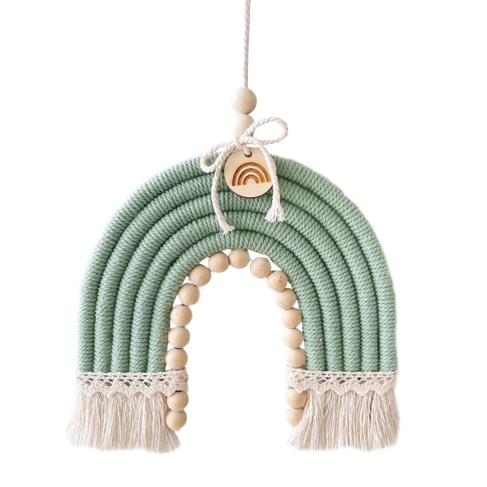Rainbow Wall Hanging Hand-Woven Tassel Garland with Wood Bead for Nursery Kids Room Birthday Gifts