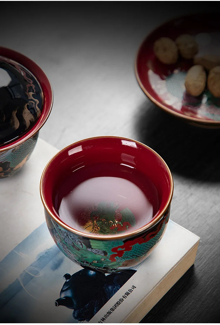 Chinese Green Dragon Tea Cup Wired Enamel Master Cup Ceramic Jucai Water Tank Cup Luxurious Black Tea Bowl Business Gifts