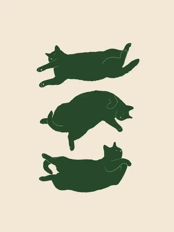 Three green cats in various poses on a beige background