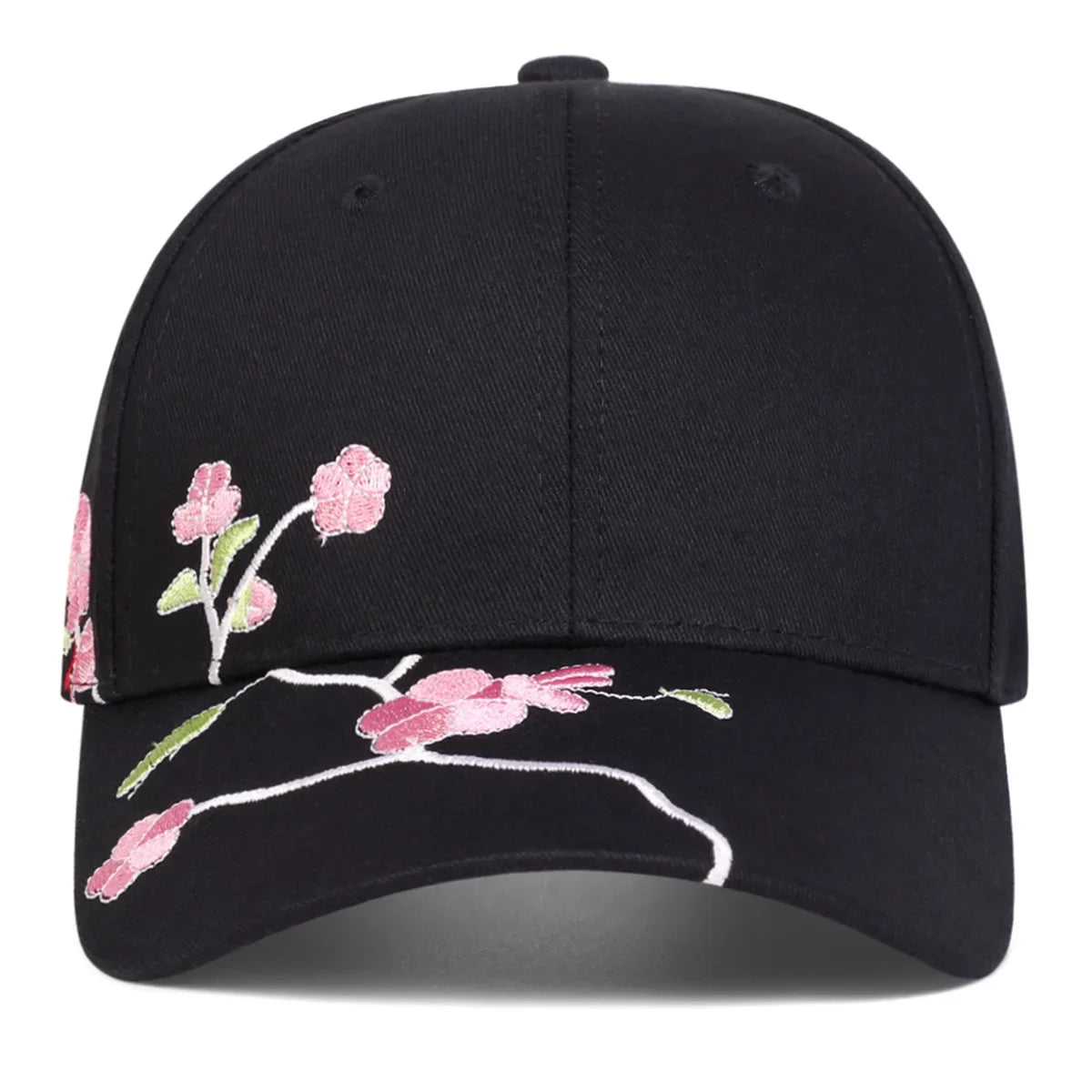 Black cap with pink floral embroidery on a white background