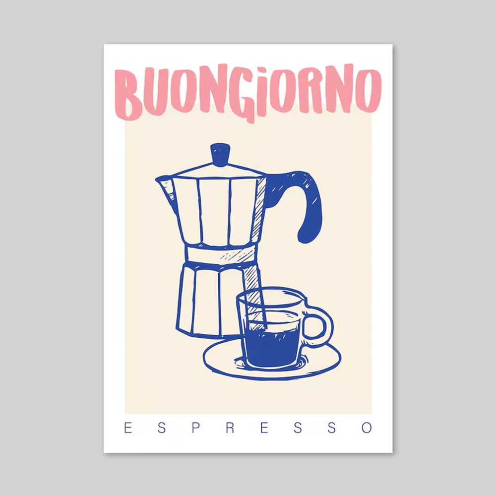 Poster with 'Buongiorno Espresso' text and a Moka pot illustration on a beige background.