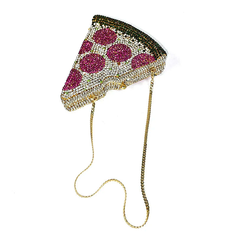 Decorative handbag with pink gemstones and a gold chain on a white background