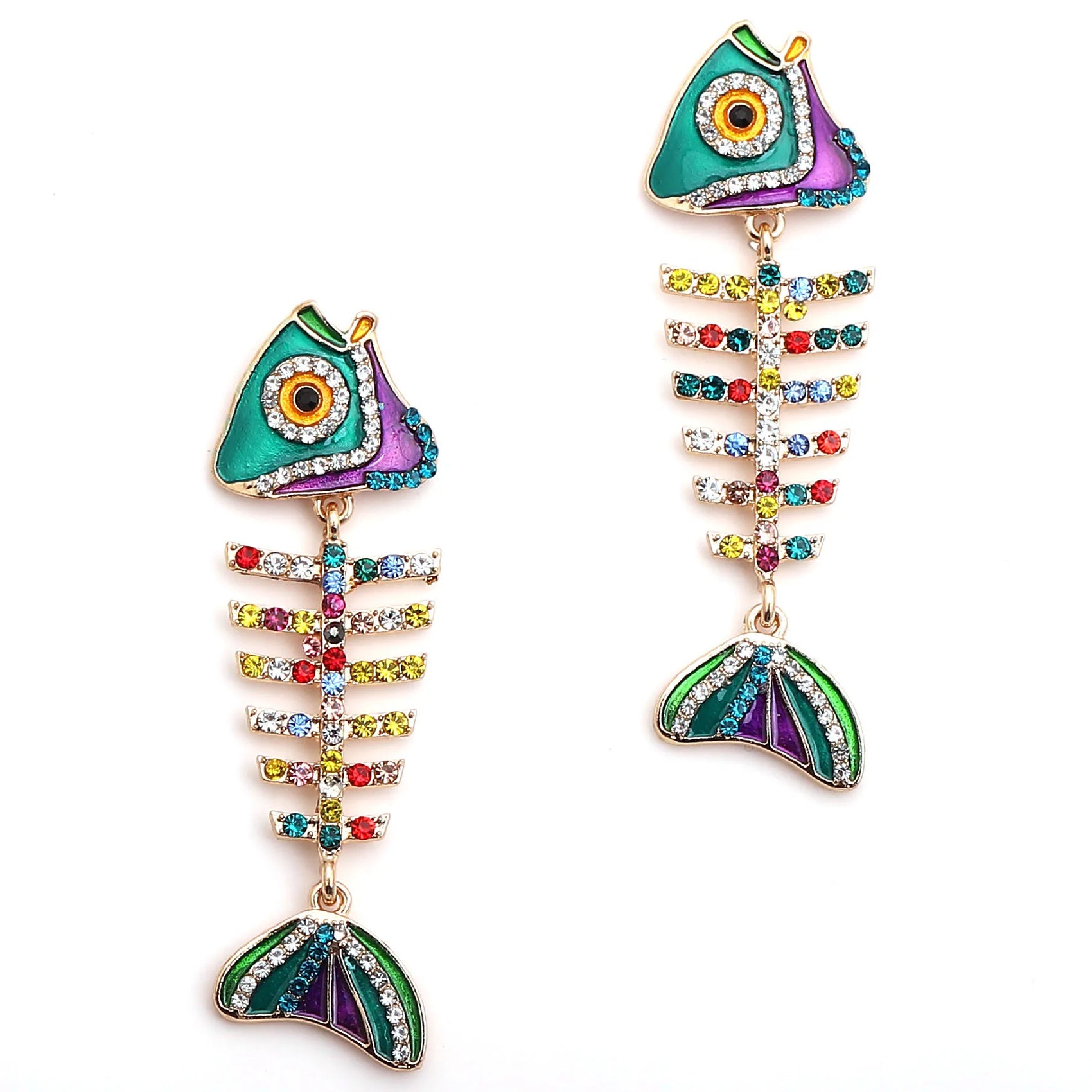 Colorful fish bone-shaped earrings with multicolored accents on a white background