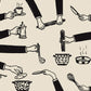 Illustration of hands holding kitchen utensils and food items on a beige background