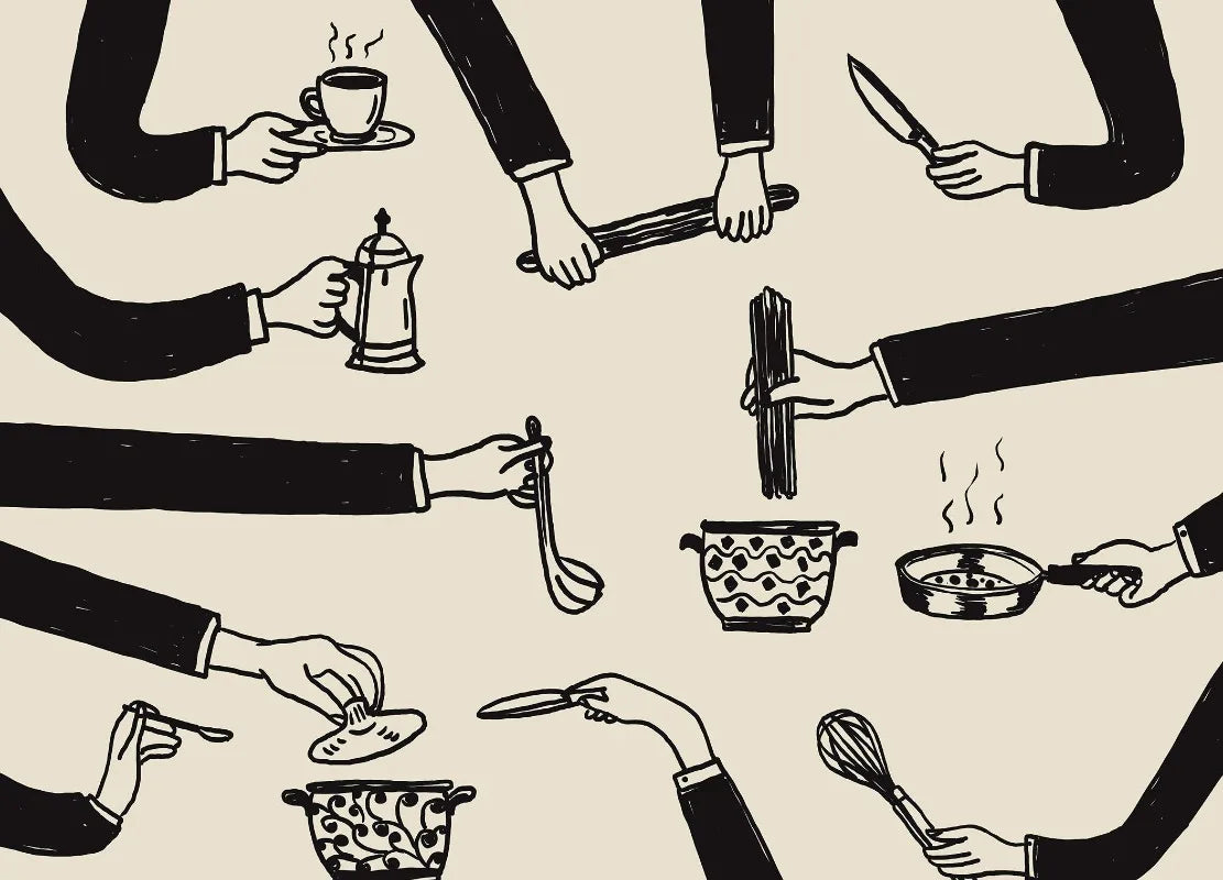 Illustration of hands holding kitchen utensils and food items on a beige background