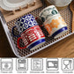 Two patterned mugs on a wire rack with safety icons below.