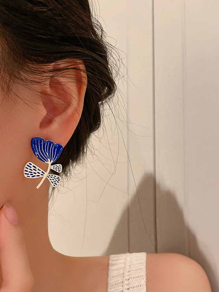 asymmetric flower stud earrings drip glaze jewelry product view 6