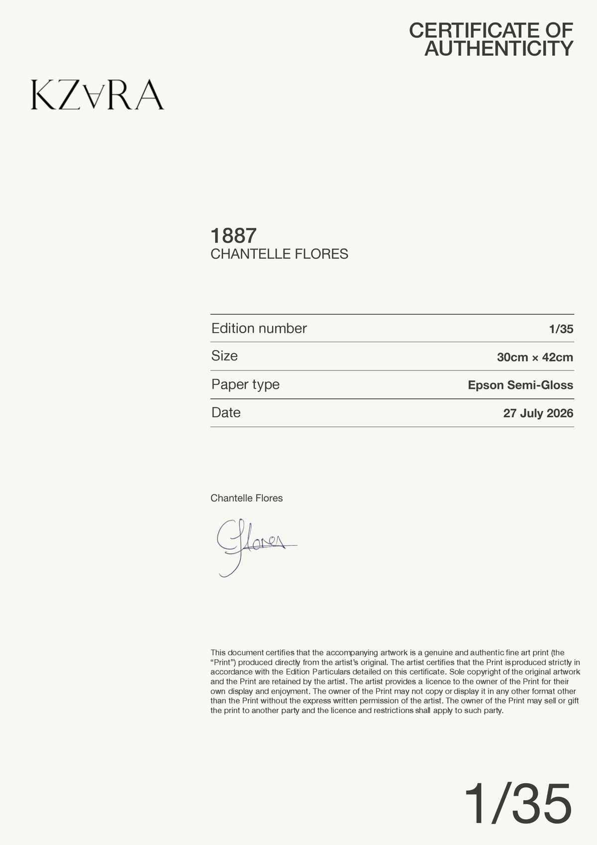 1887 — Certificate of Authenticity