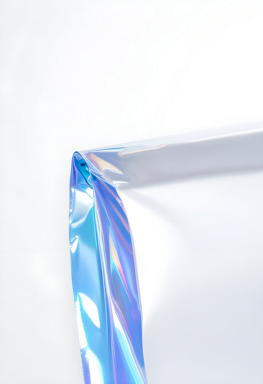 Reflective holographic foil corner with soft lighting showcasing vibrant colors in a minimalist setting