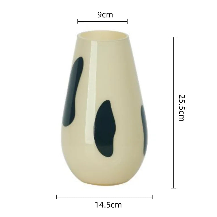 beige black spotted vase graphic ceramic flower vessel modern shelf decor styled product view