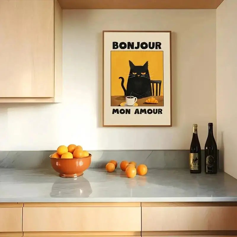 black cat breakfast wall art vintage pet print kitchen decor detail product view