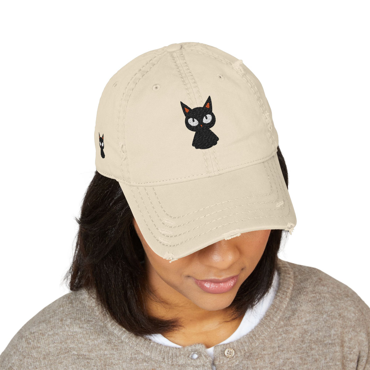 Black Cat Embroidered Hat Cute Aesthetic Cat Cap Vintage Distressed Dad Hat Gift For Cat Lover – product image 3
