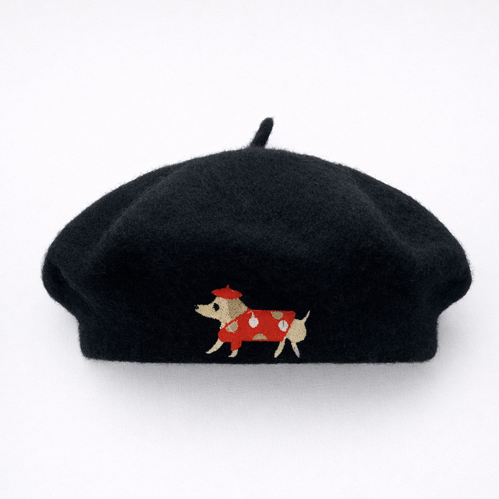 Korean Cute dog Embroidered Wool Blended Berets for Women's Autumn