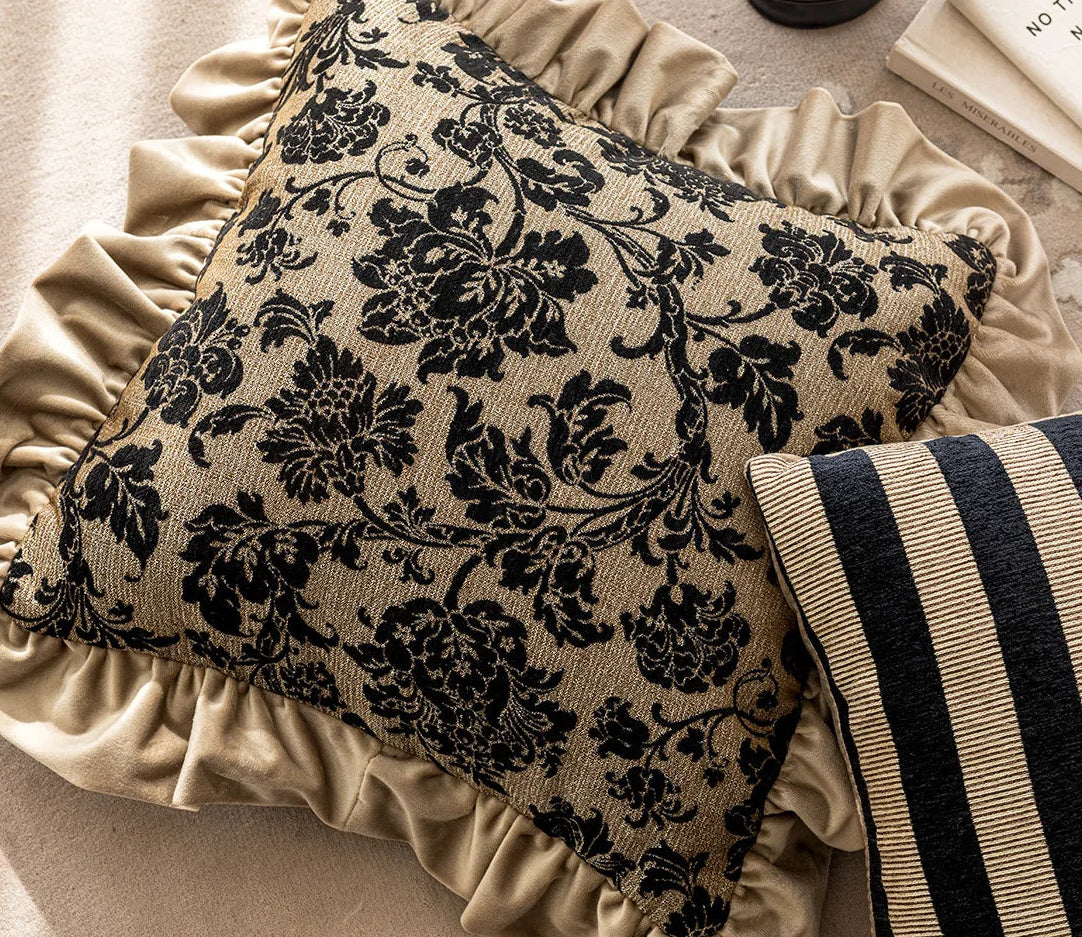 black floral cushion cover beige ruffle edge 45x45cm product view 7
