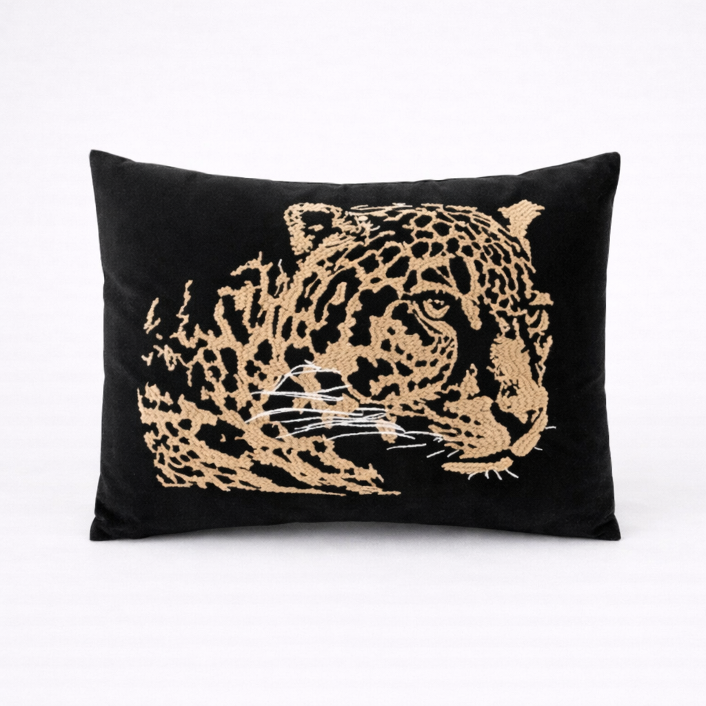 Black cushion cover with large gold embroidered leopard head 30x50cm