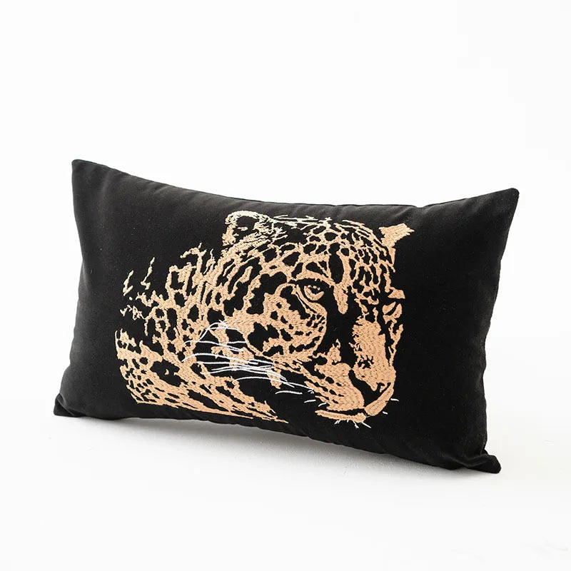 Black gold leopard embroidered cushion cover wildlife home decor