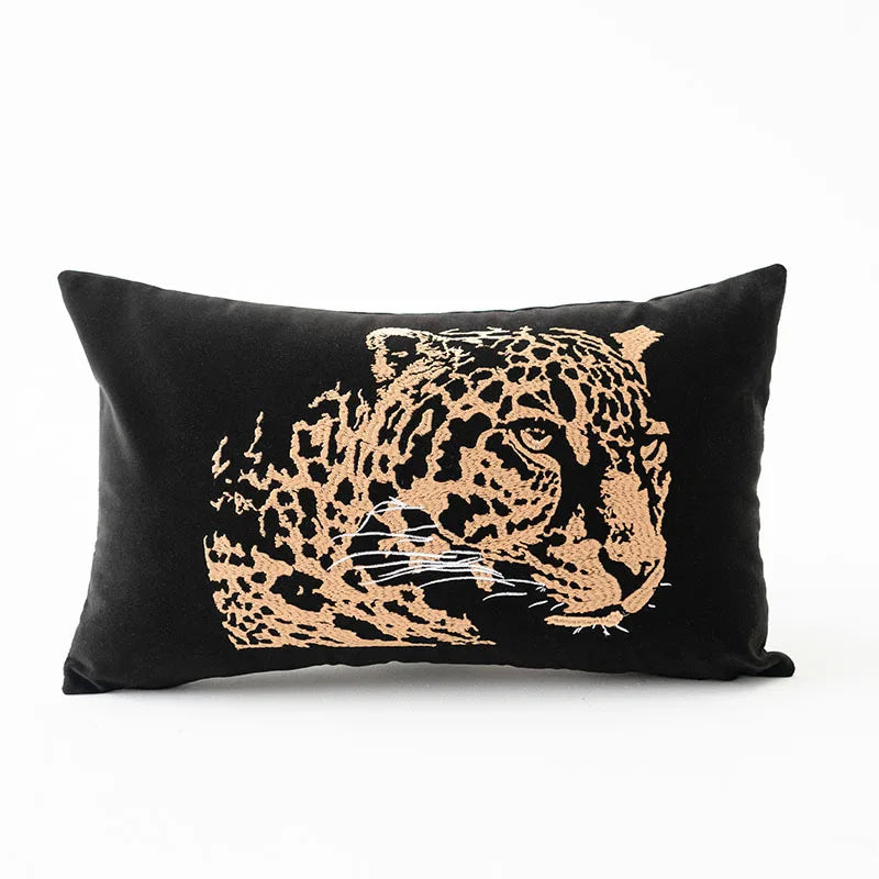 Black embroidered leopard cushion cover rectangular animal decor