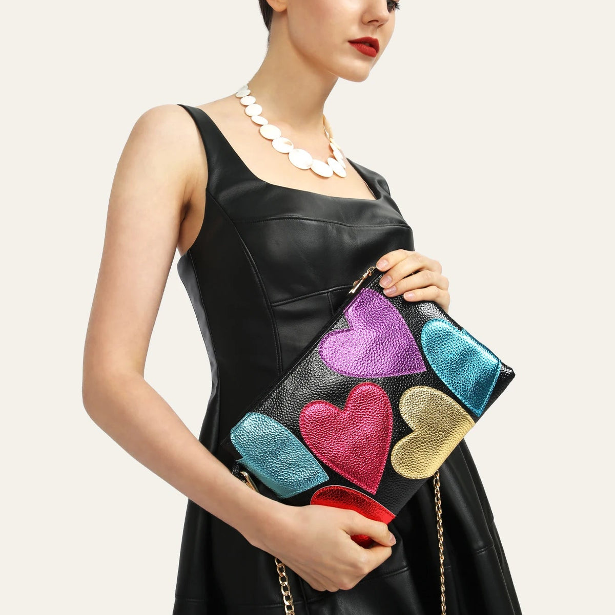 black heart clutch bag colorful metallic crossbody purse party evening hand alternate product view