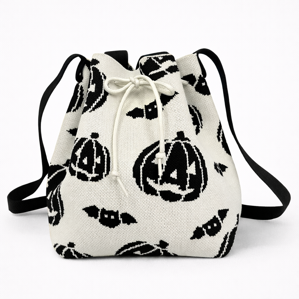 Black Knitted Drawstring Bucket Bag Gift For Her Modern