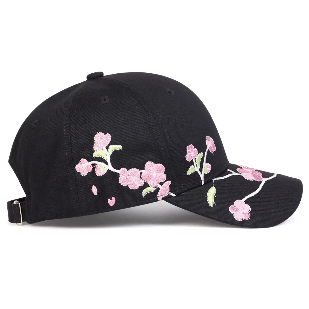 Black cap with pink floral embroidery on a white background
