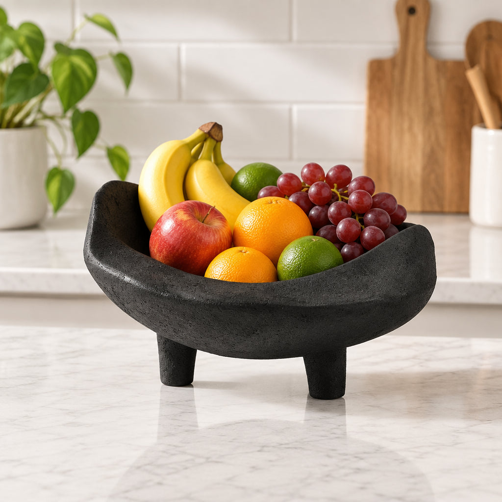 Black Three Legged Fruit Bowl Kitchen Counter Storage Dining Table Centerpiece Sculpture Housewarming Gift Minimalist Home Styling Accessory detail view 8