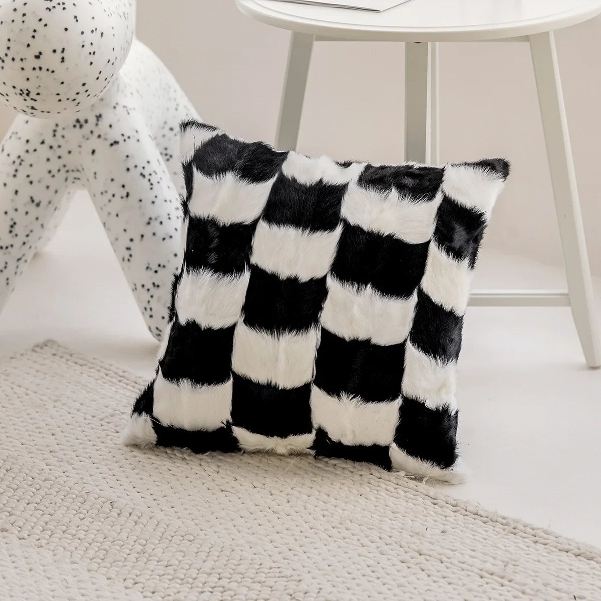 black white plush checkered cushion cover alternate product view
