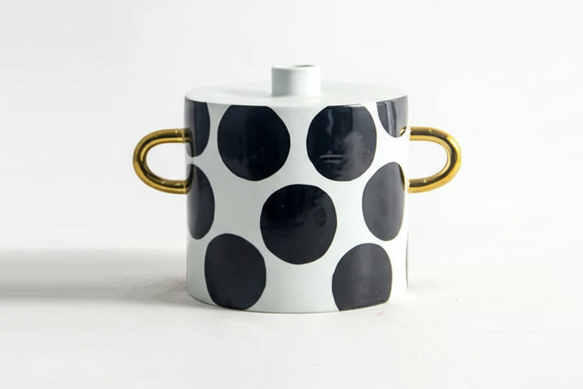 black white polka dot ceramic pot gold handle vase geometric home decor alternate product view