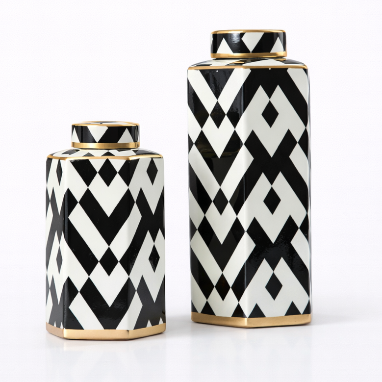 black white striped ceramic storage jar main product view