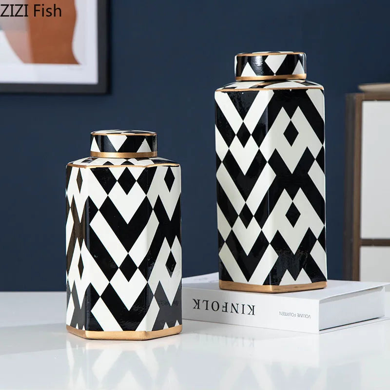 black white striped ceramic storage jar alternate product view