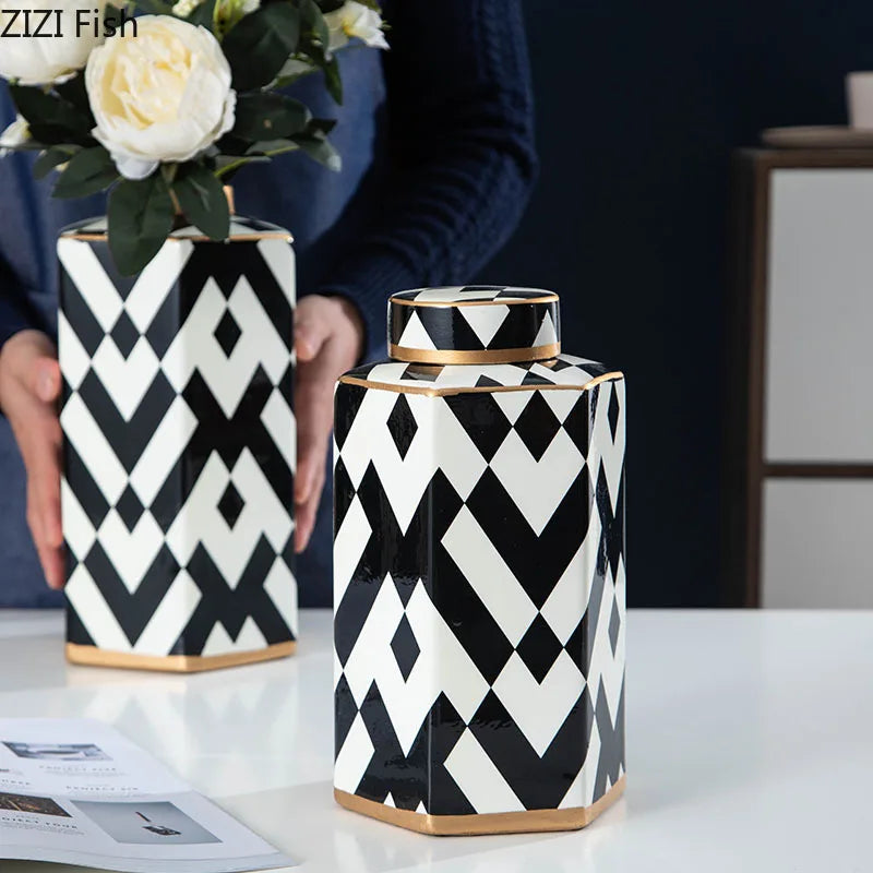 black white striped ceramic storage jar styled product view