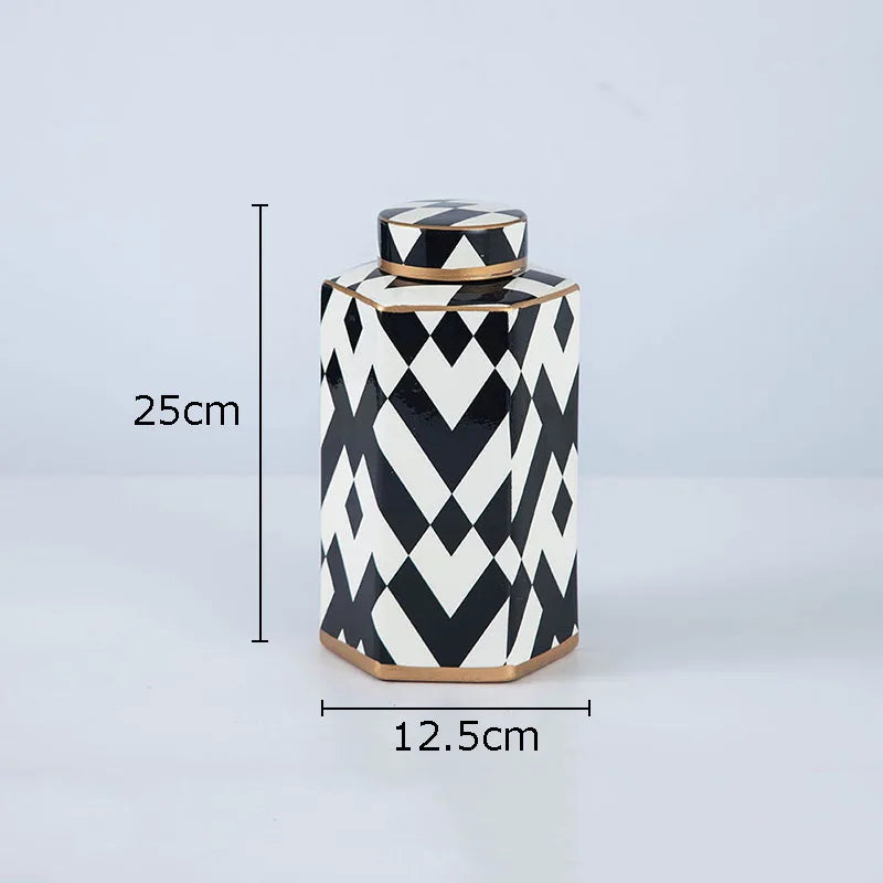 black white striped ceramic storage jar product detail view