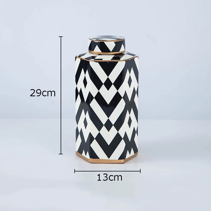 black white striped ceramic storage jar product view 5