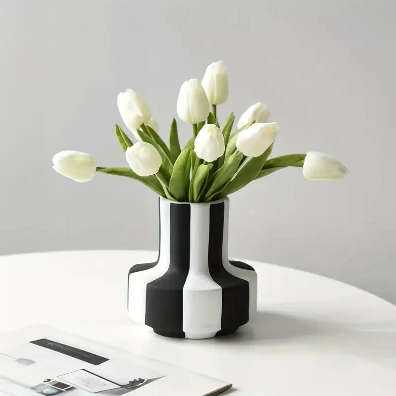 black white striped resin vase detail product view
