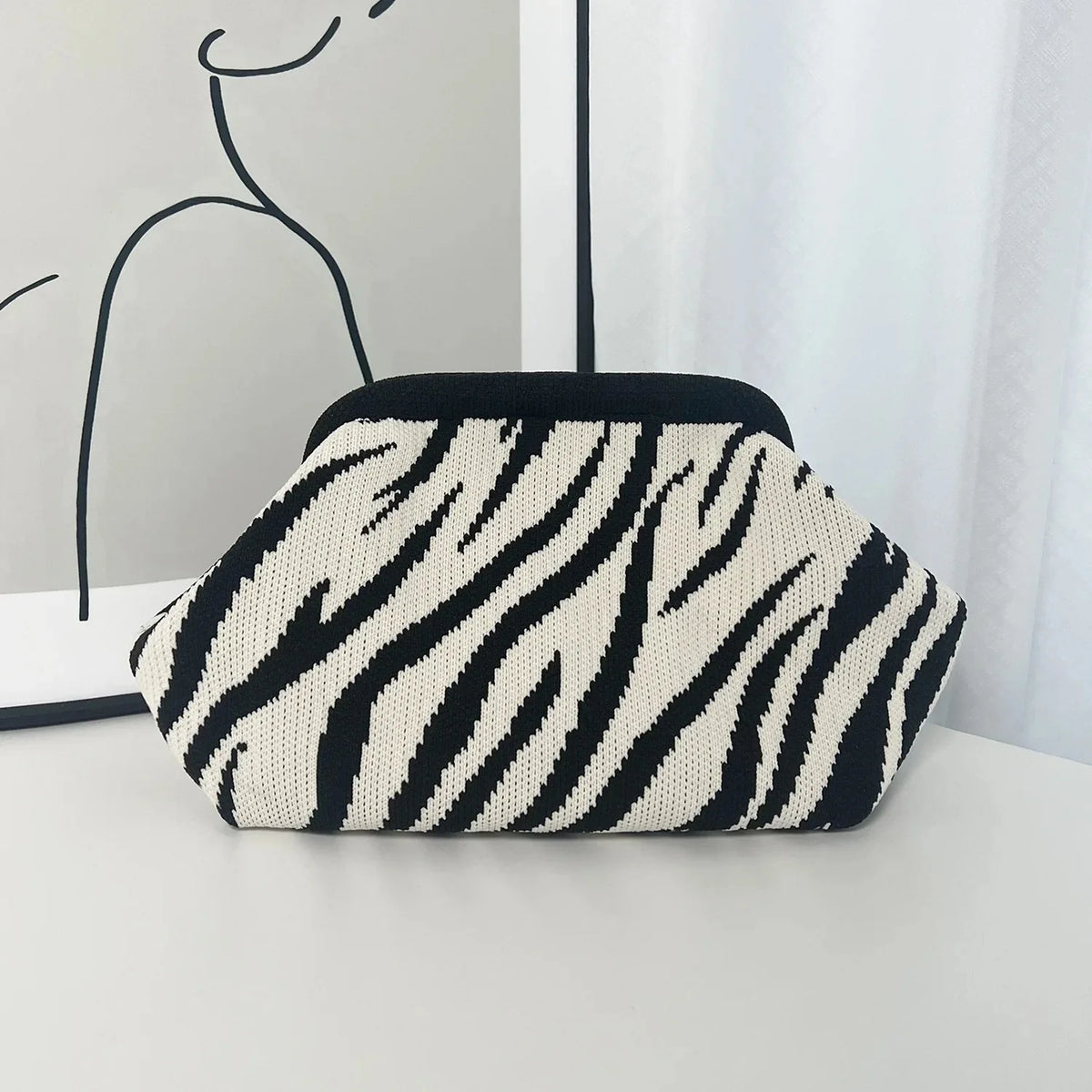 black white zebra knitted cosmetic bag alternate product view