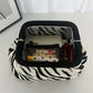 black white zebra knitted cosmetic bag detail product view